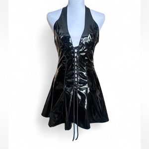 Allure Lingerie patent leather wet look lace up halter mini dress